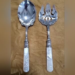 Antique Pearl Handle by Universal Salad Serving Spoon & Fork Silver Plate